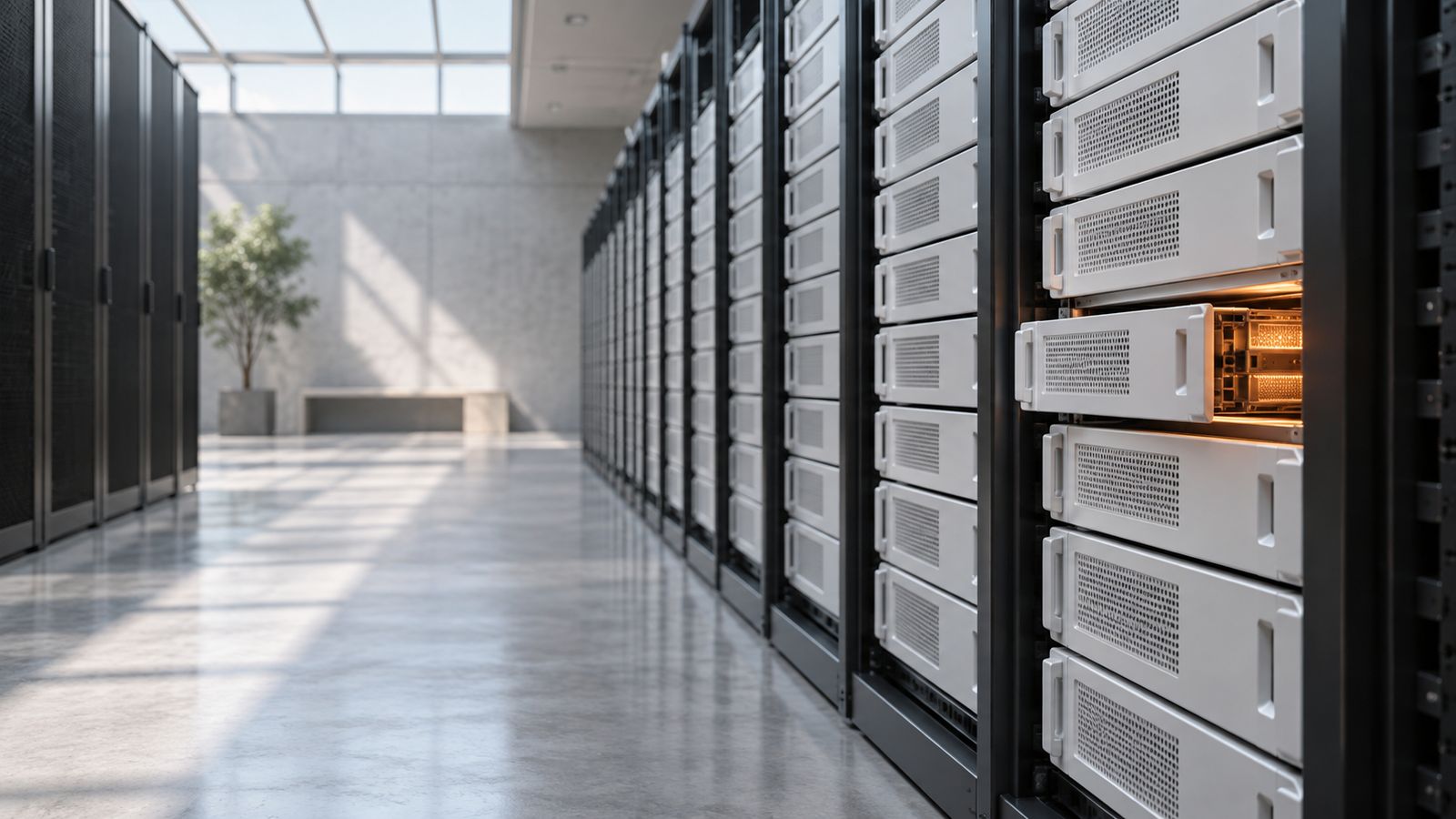 A long aisle of white server racks in a sunlit data hall, one drive bay glowing orange