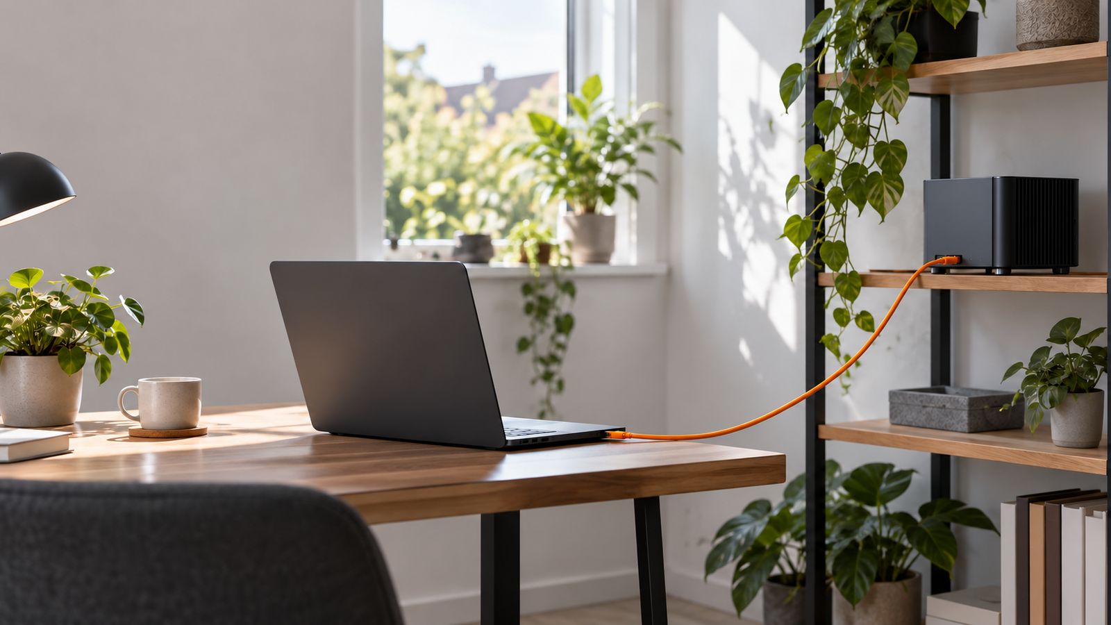 A laptop on a wooden desk linked by an orange cable to a small black computer on a plant-filled shelf