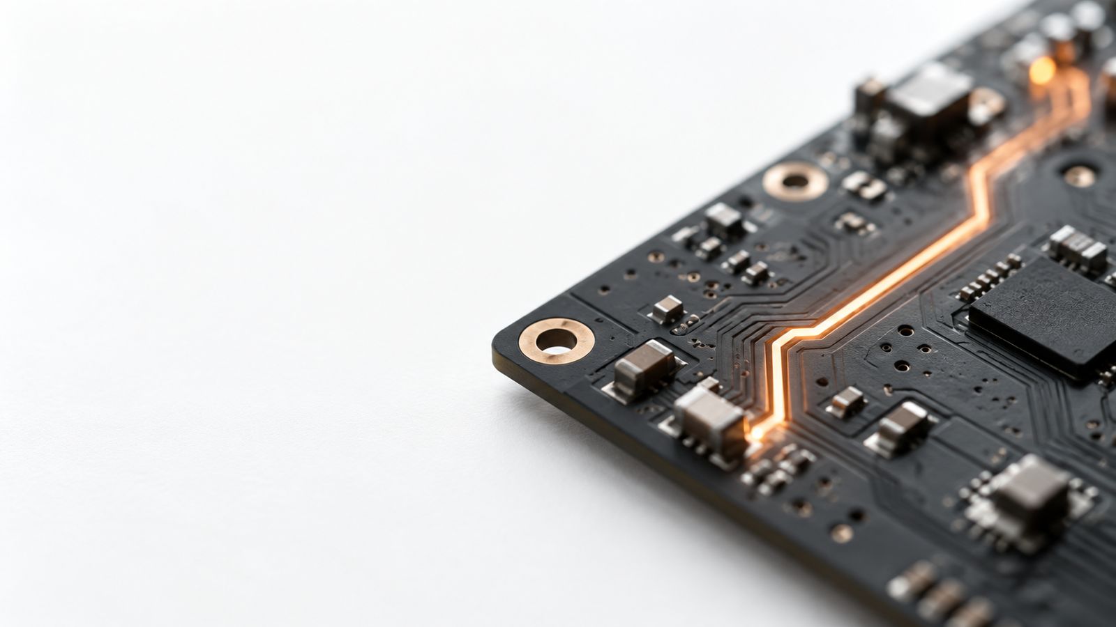 Close-up of a black circuit board with one copper trace lit orange