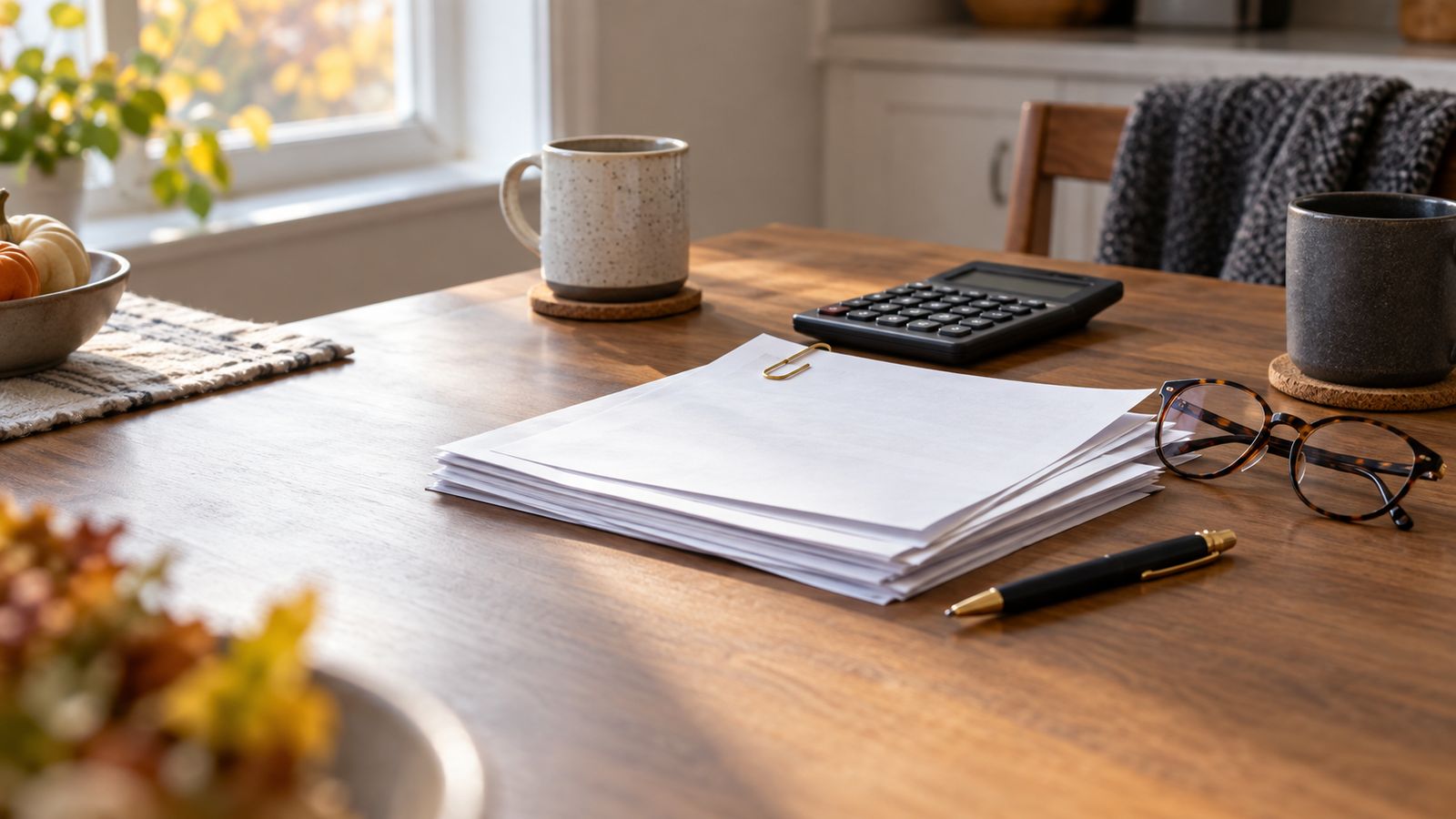 A stack of paperwork, a calculator, glasses and a pen on a kitchen table in autumn light