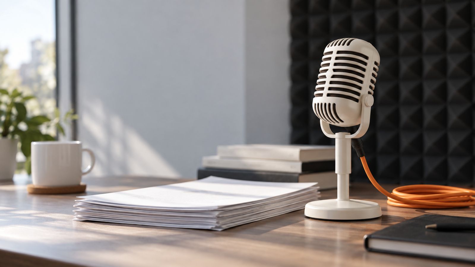 A white studio microphone with an orange cable beside a stack of printed pages