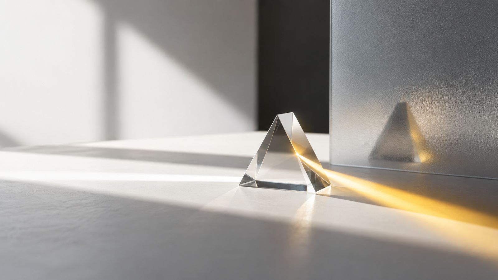 A glass prism on a white surface splitting sunlight into an orange beam