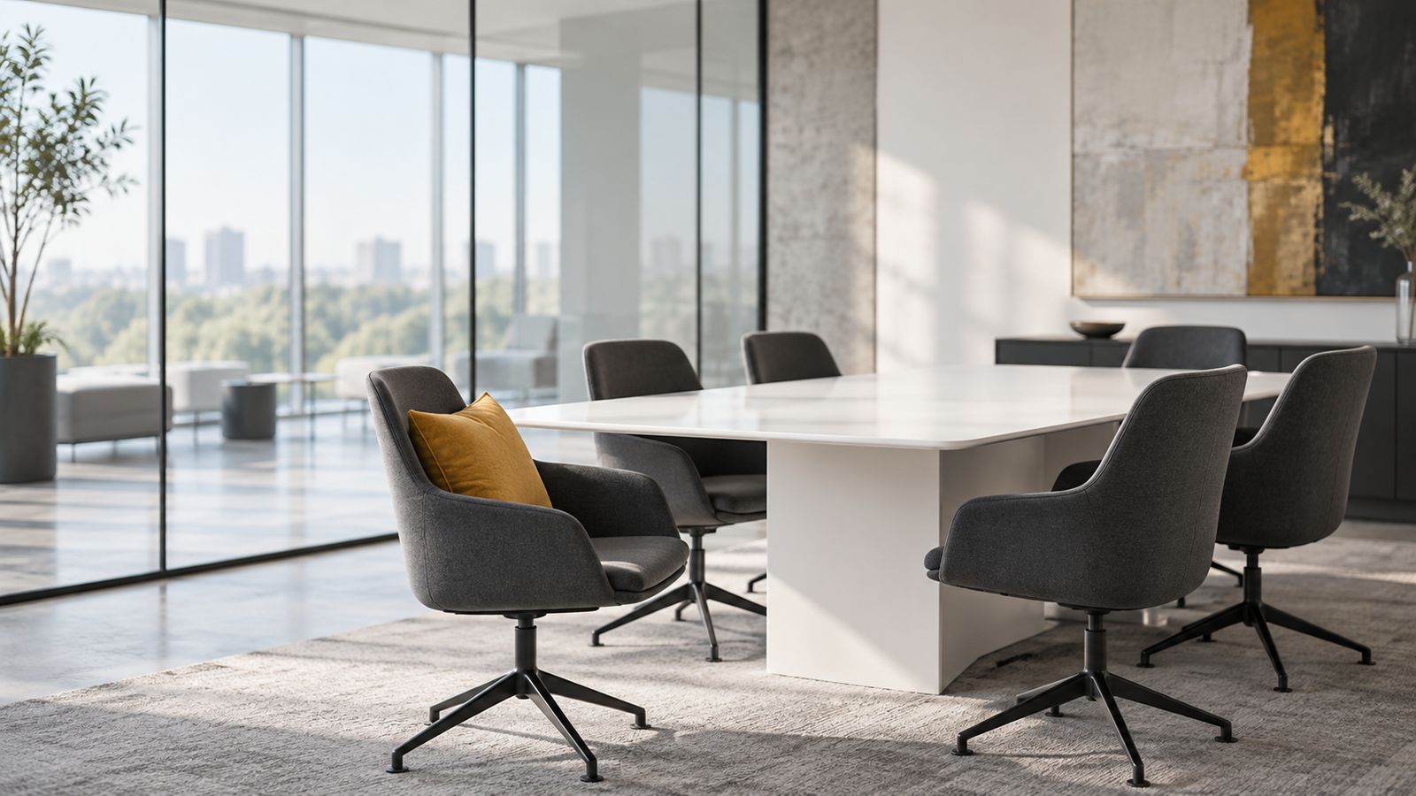 An empty glass-walled meeting room with grey chairs around a white table