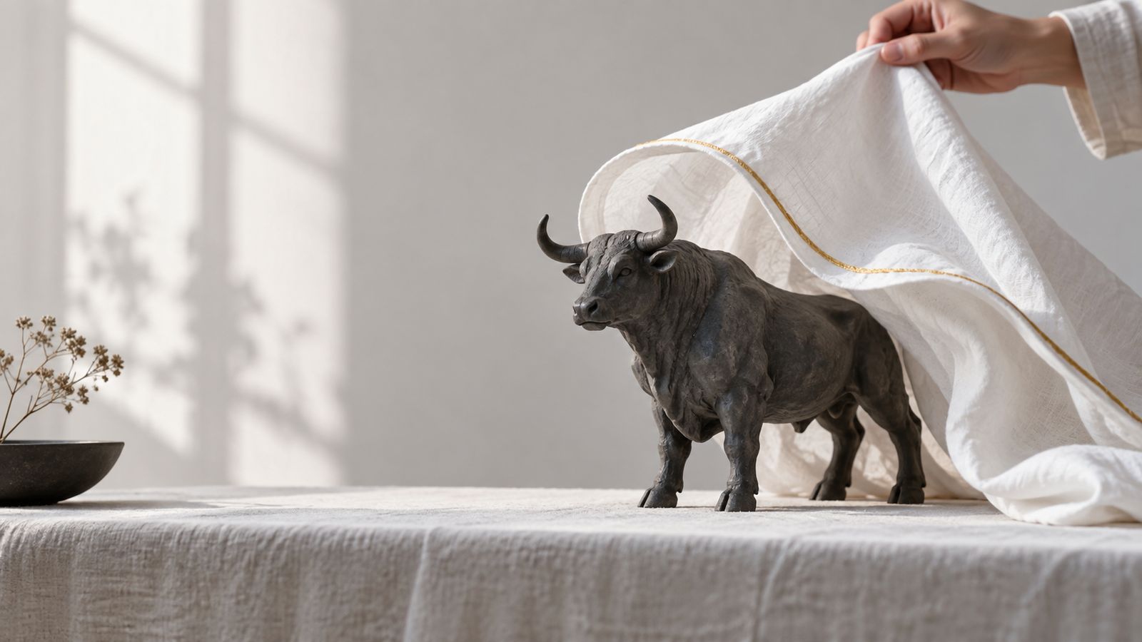 A hand lifting a white linen cloth off a small bronze bull statue