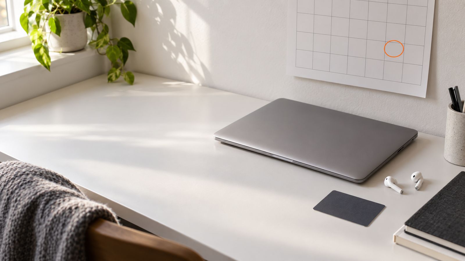 A closed laptop, earbuds and a notebook on a white desk below a wall calendar with one day circled in orange