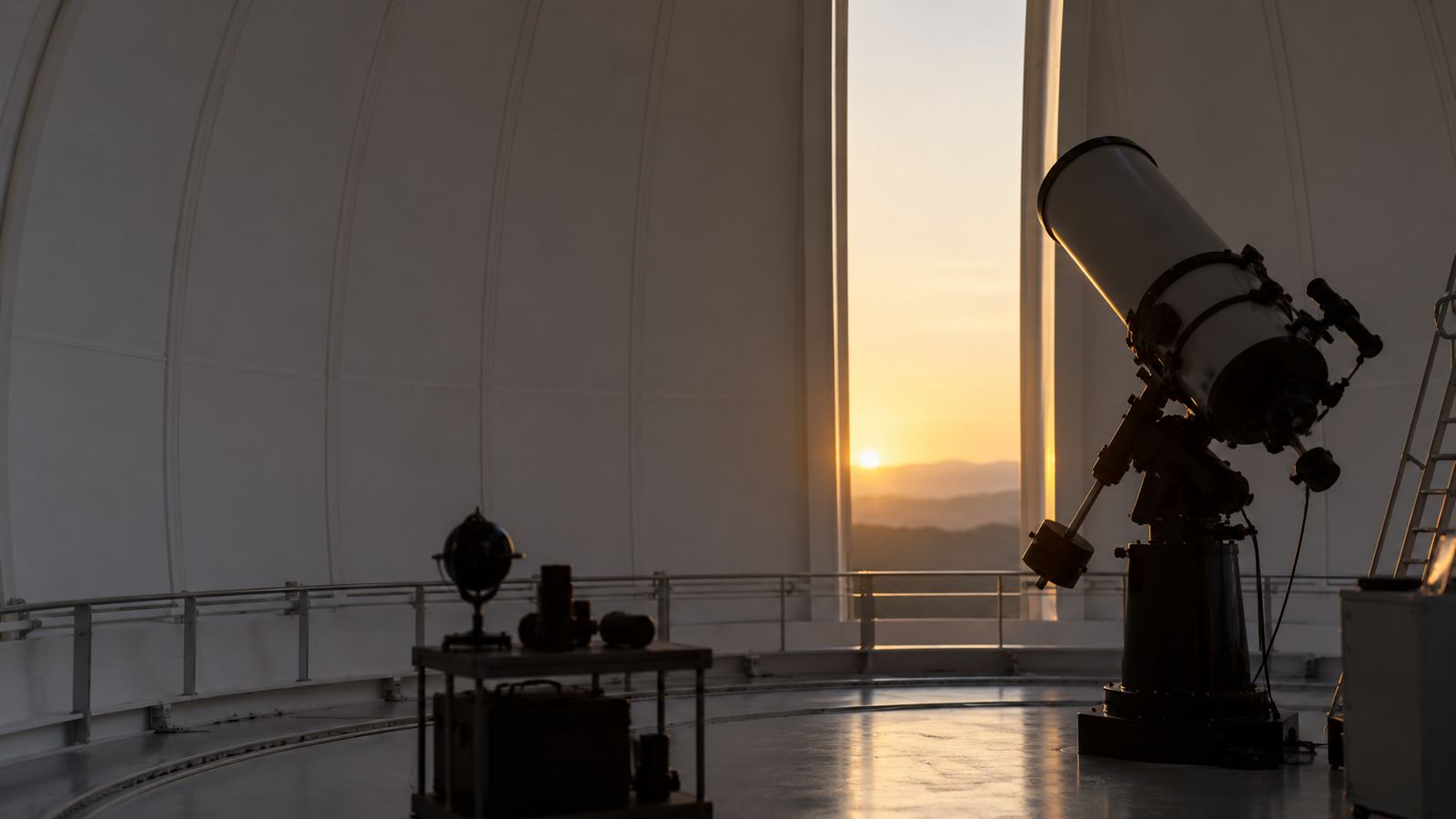 An observatory dome at sunset with a large telescope in silhouette