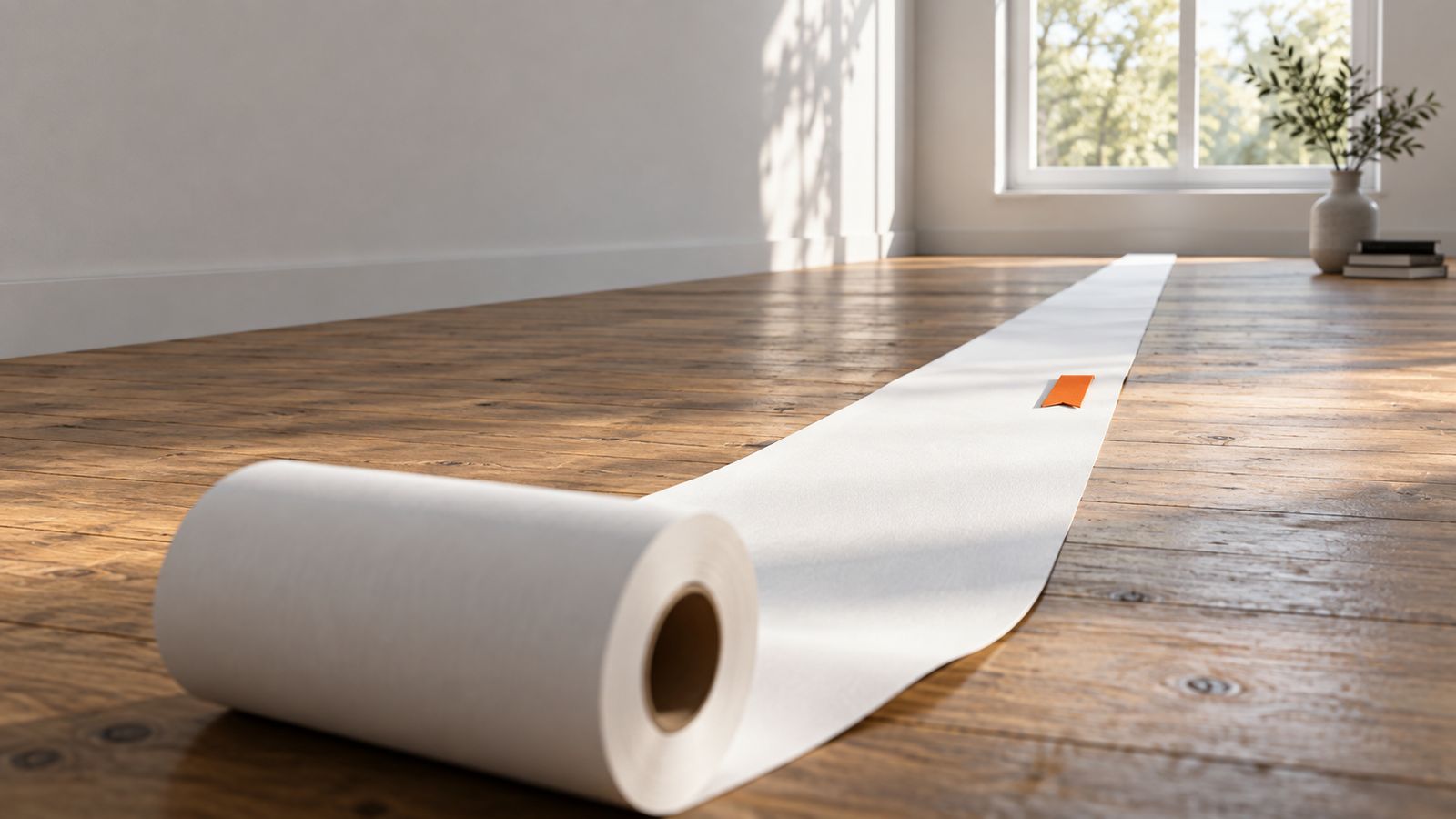 A roll of white paper unrolled across a wooden floor, marked with one orange tab