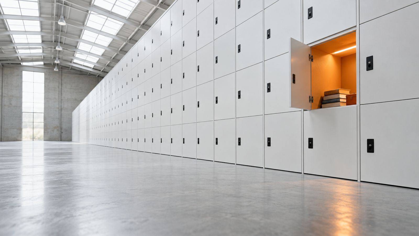 A long wall of white lockers in a skylit warehouse, one open and lit orange with books inside