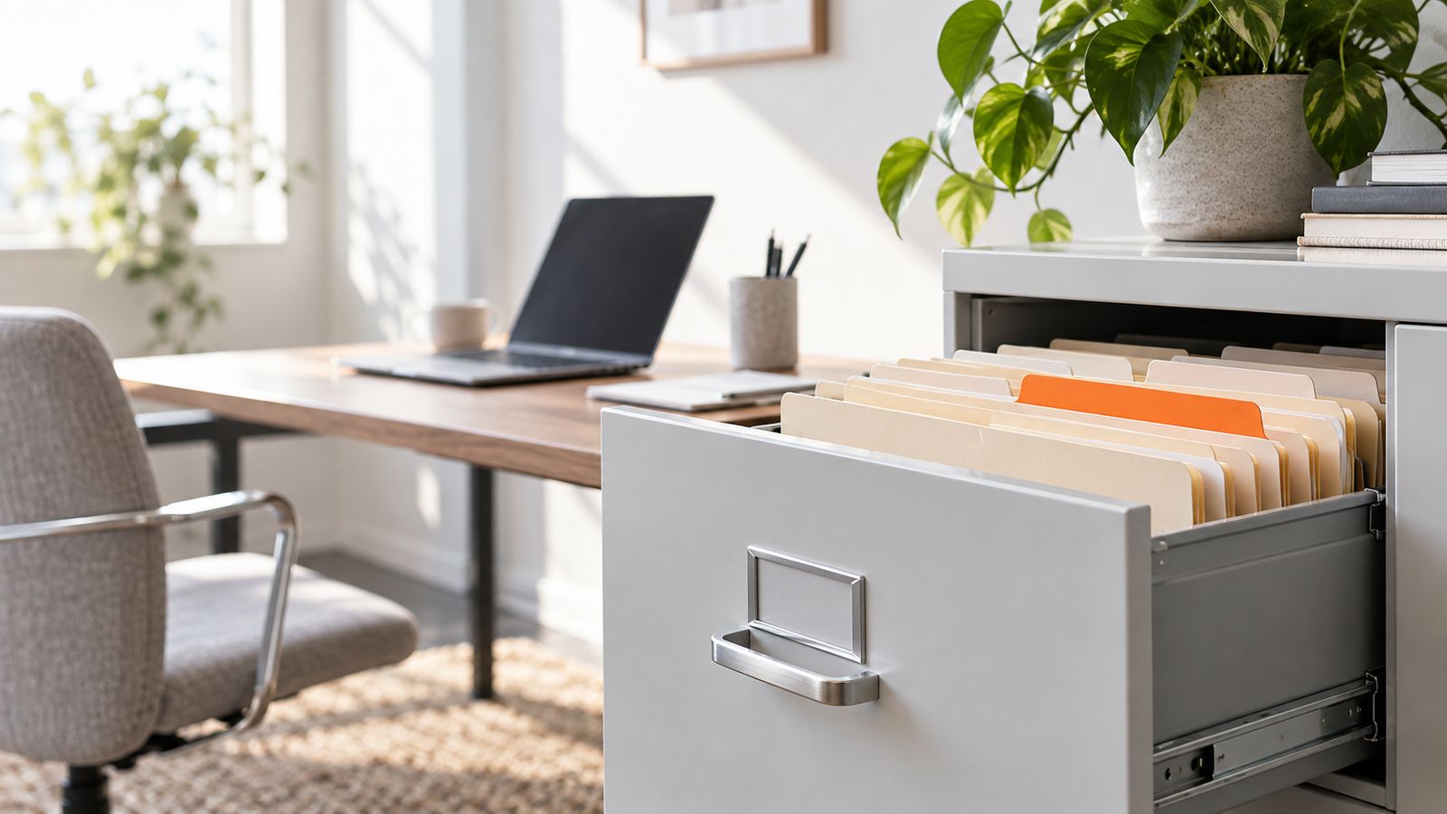 An open filing-cabinet drawer of folders, one of them orange, beside a desk with a laptop