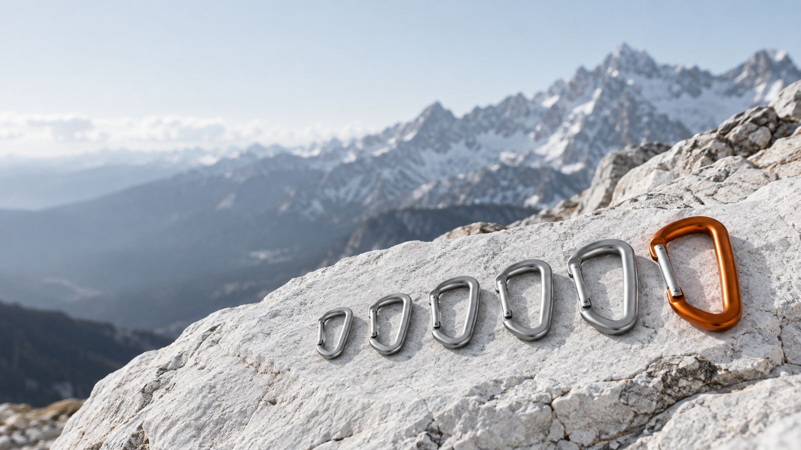 A row of carabiners in increasing sizes on a rock ledge, the largest orange, with snowy mountains behind