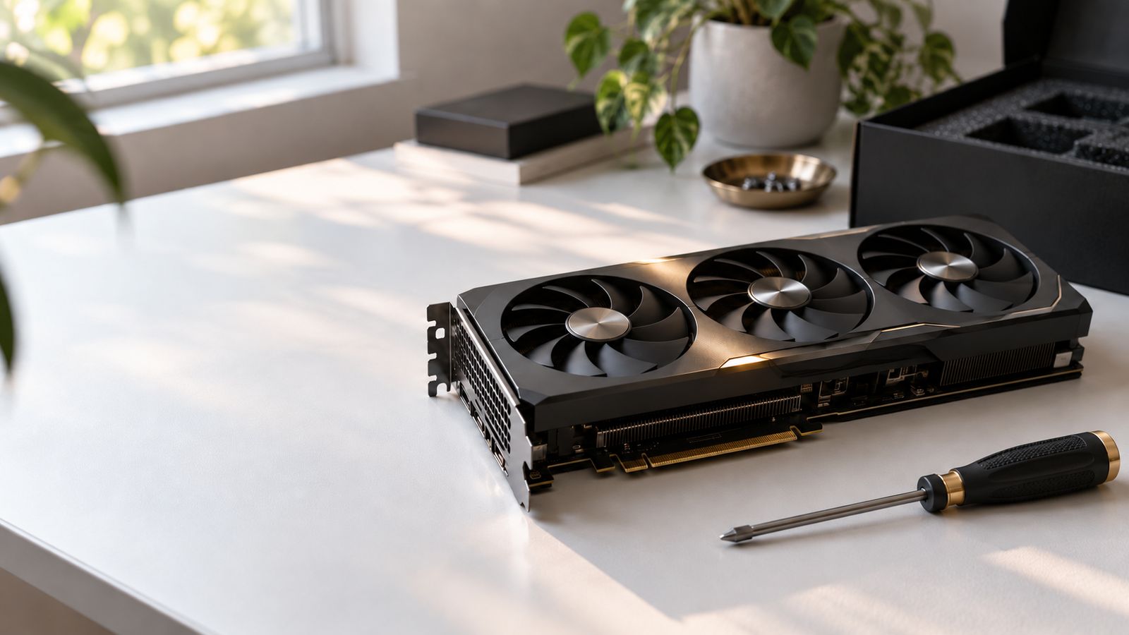 A graphics card with three fans lying on a white desk next to a screwdriver