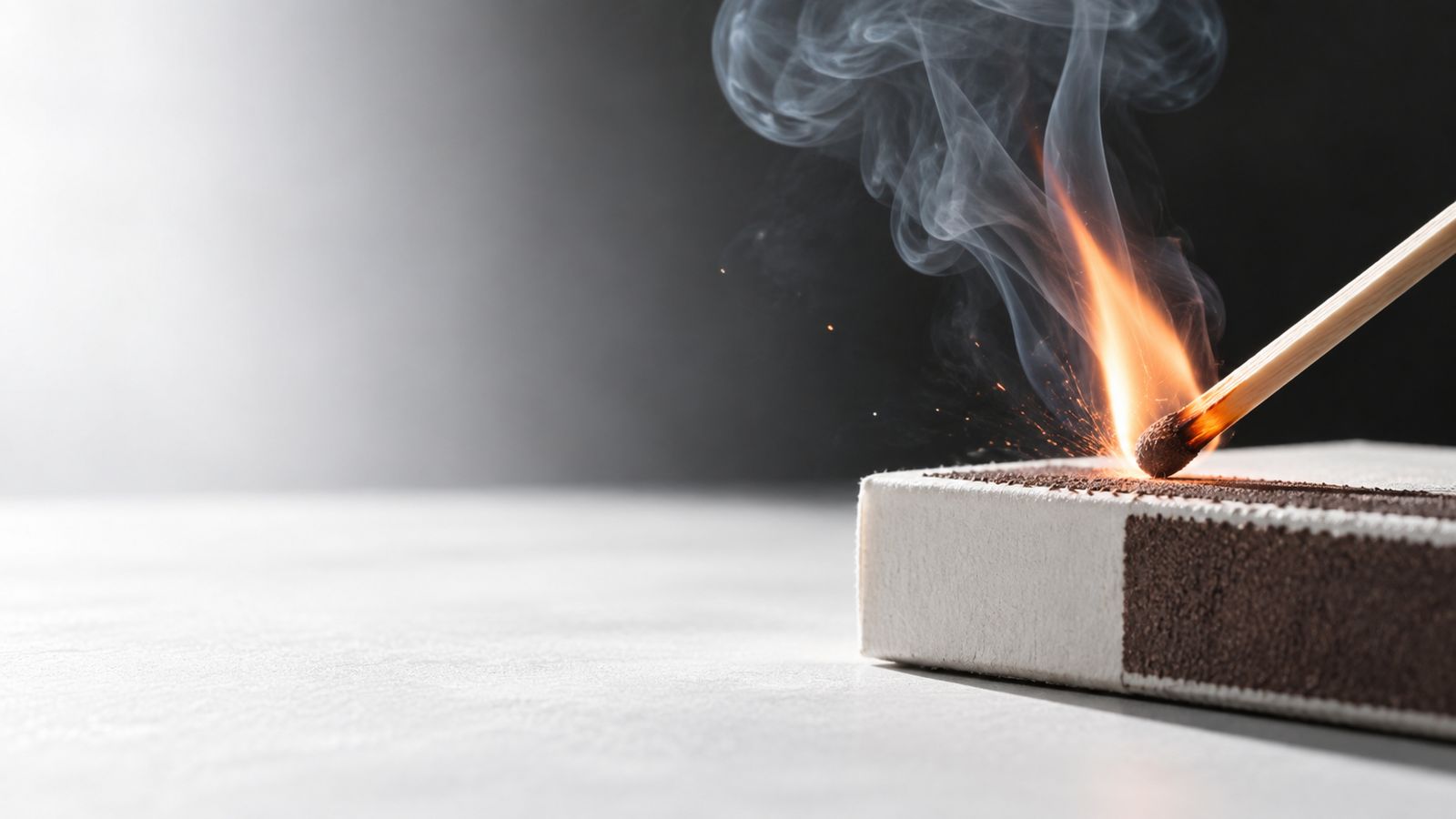 A match bursting into flame as it is struck on a matchbox, with a curl of smoke