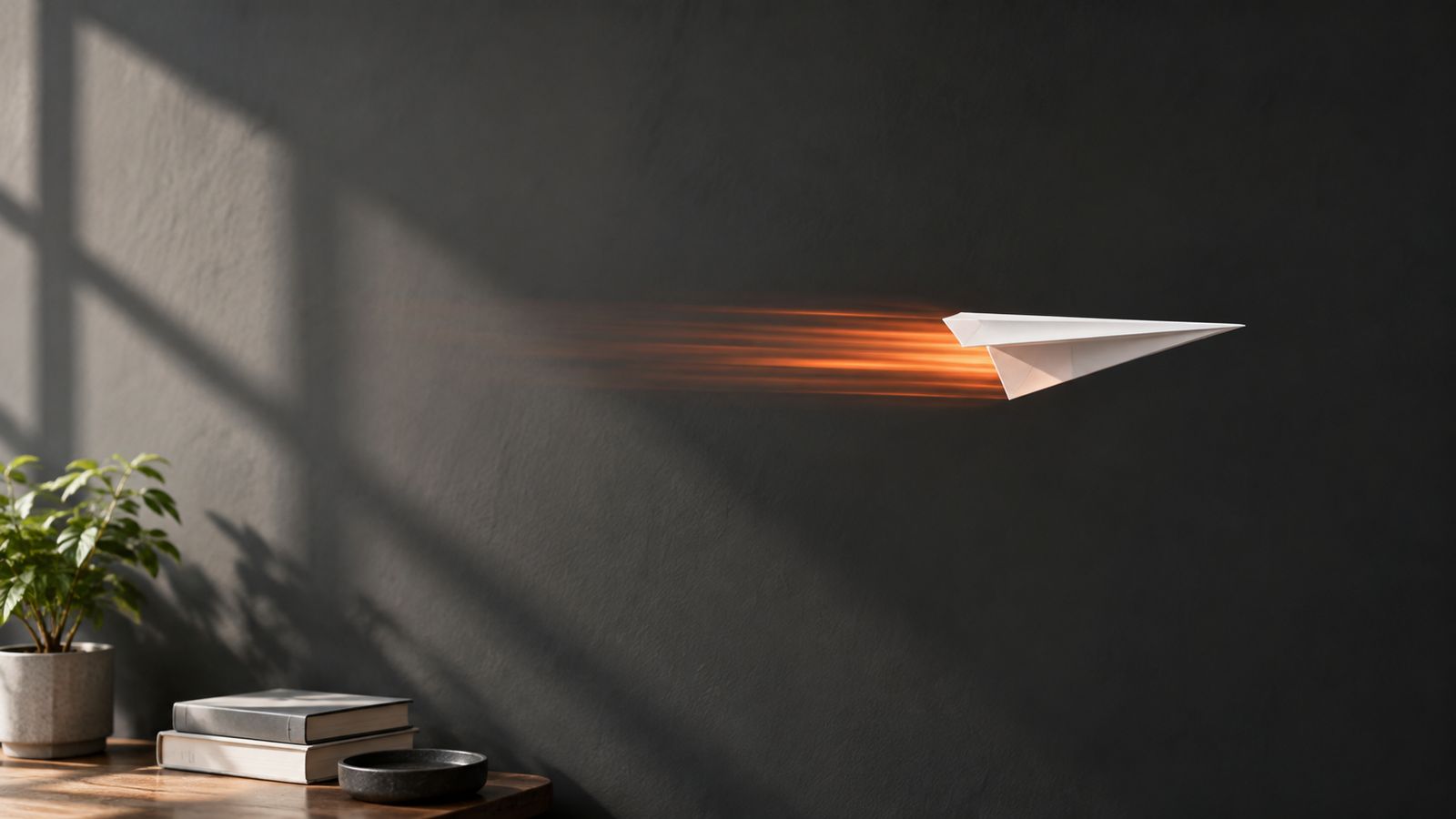 A white paper plane streaking across a dark wall with an orange motion trail