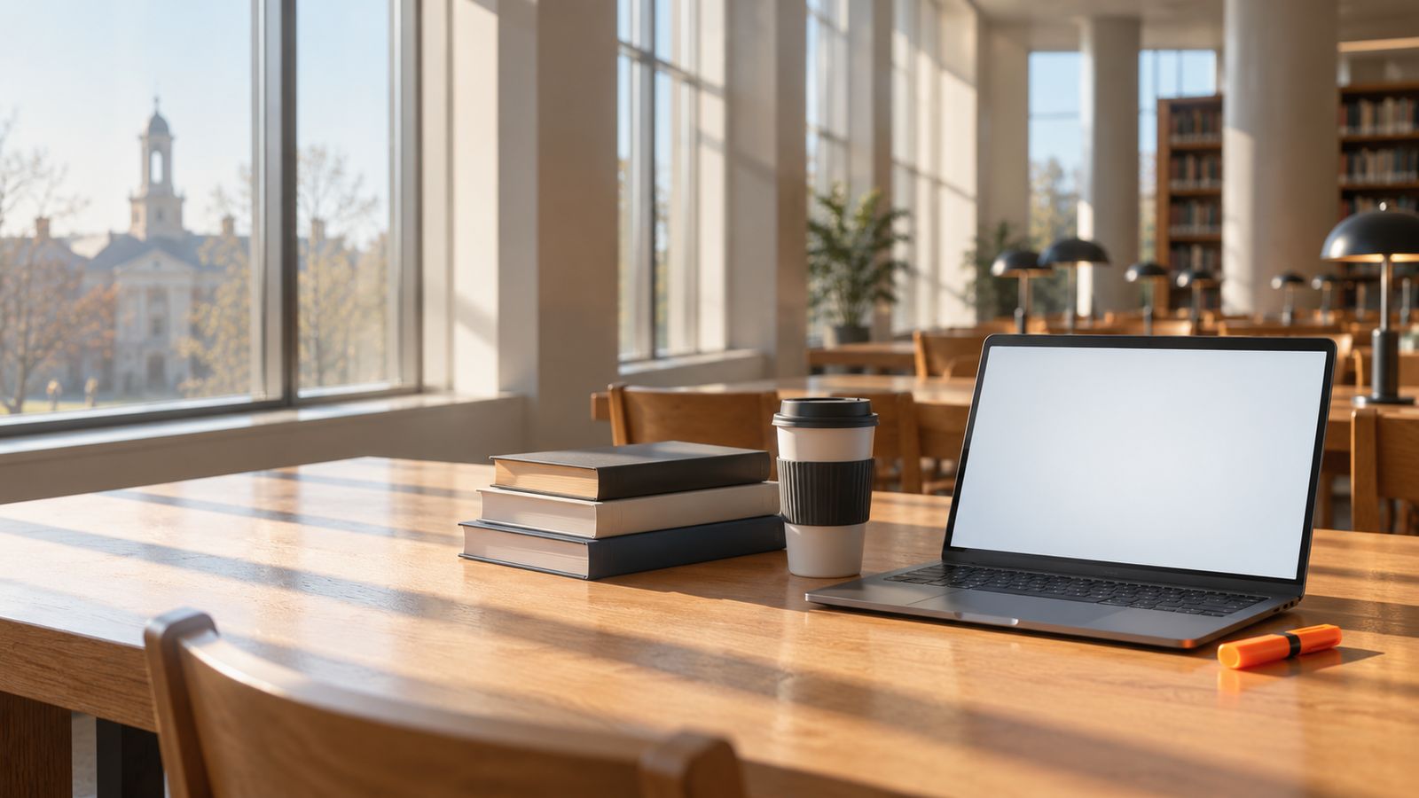 A laptop, a coffee cup and books on a long wooden table in a sunlit library, a clock tower outside the window