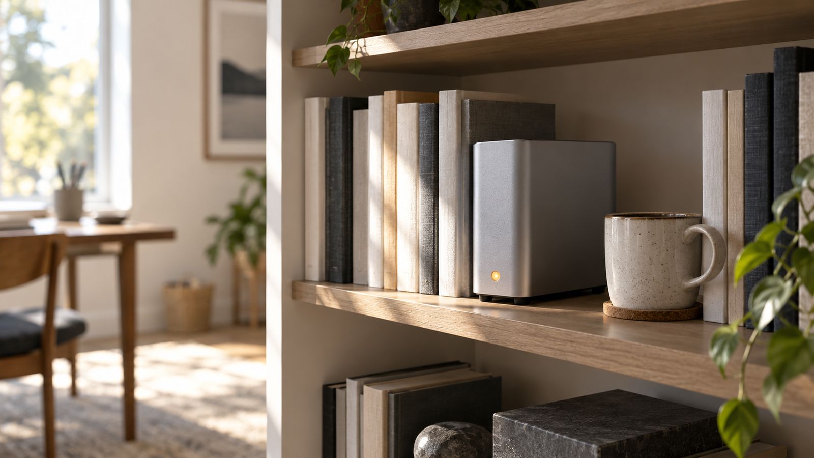 A small silver desktop computer on a bookshelf between books and a mug