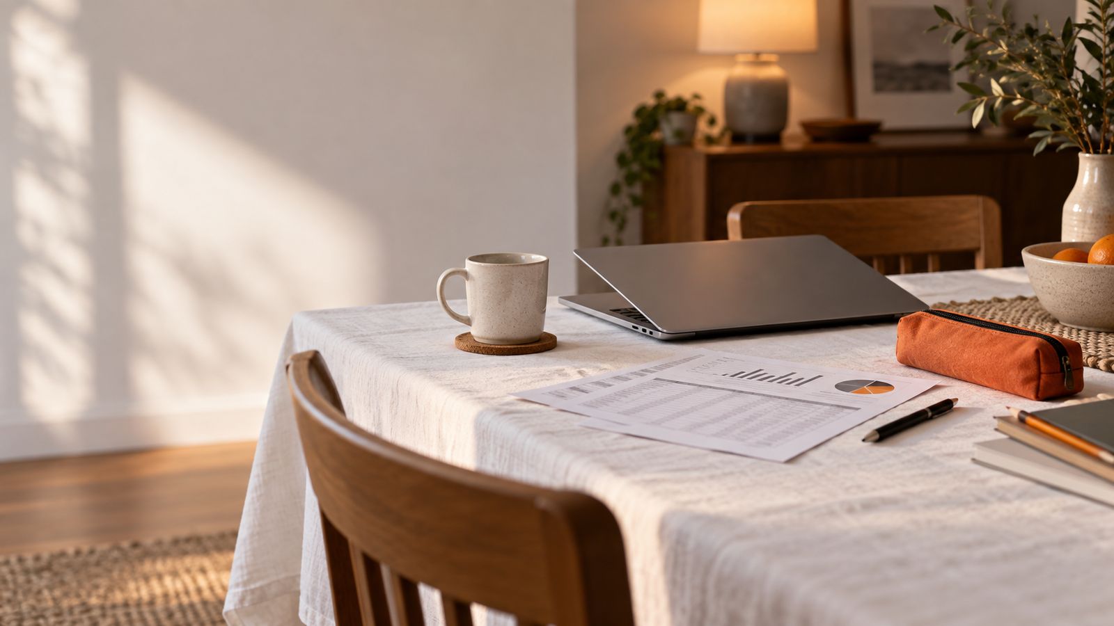 Printed charts, a pen and an orange pencil case on a dining table beside a laptop