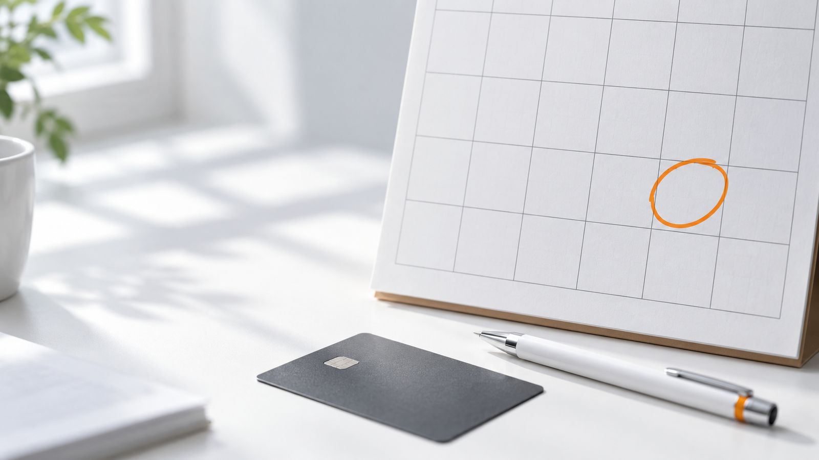 A blank calendar page with one day circled in orange, a bank card and a pen on a white desk