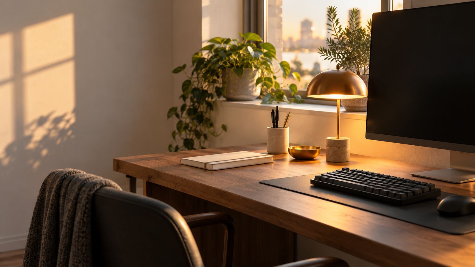 A desk with a monitor, keyboard and brass lamp by a window in evening light