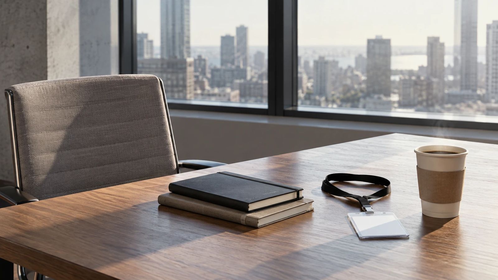 An empty chair at a shared table beside two notebooks and a blank visitor badge