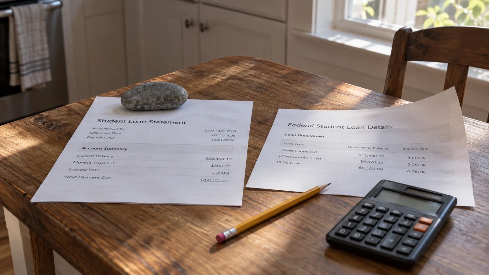 Two paper statements on a kitchen table, one weighted flat by a stone, beside a calculator