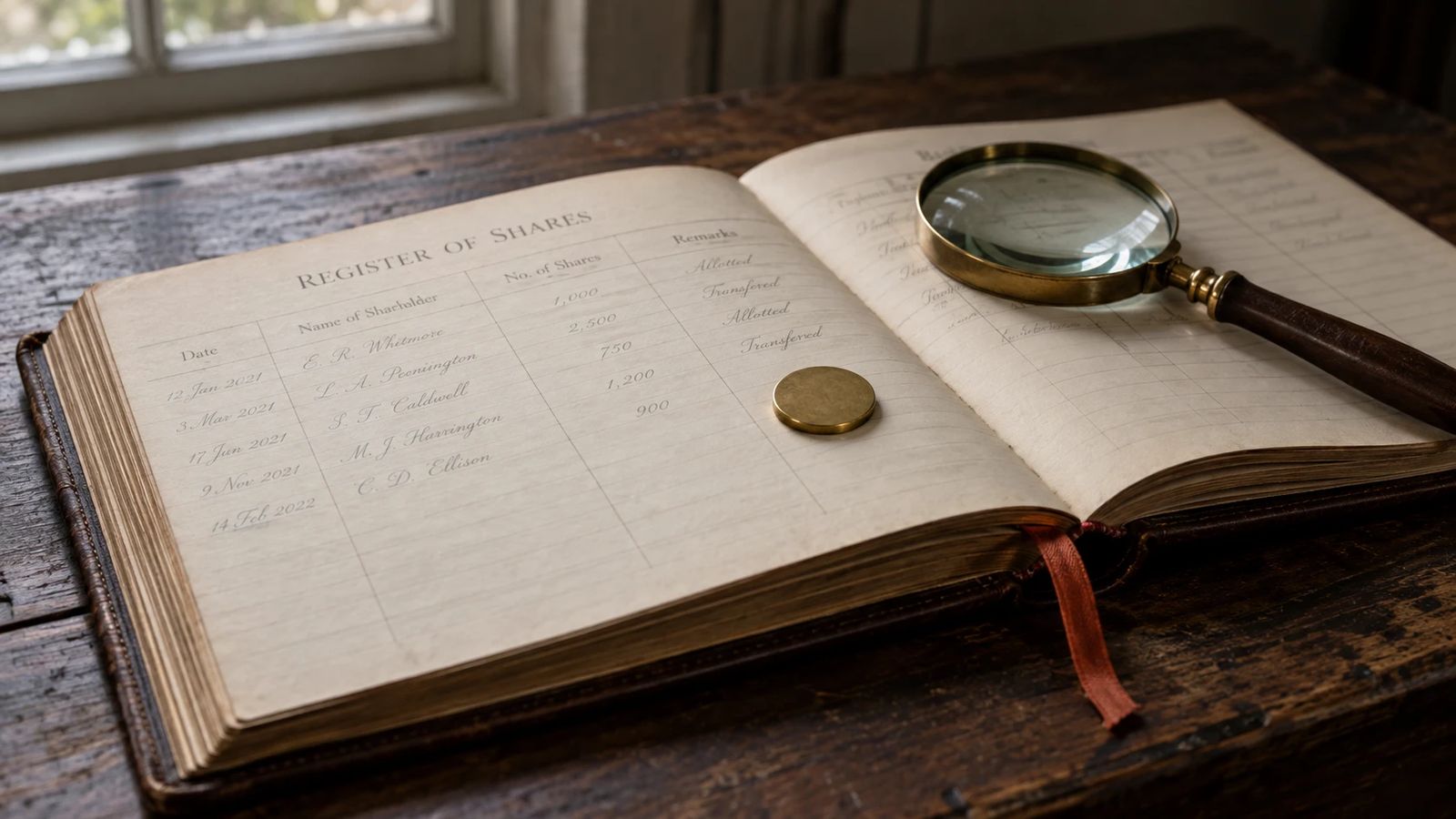 A small brass disc on the open page of a share register, beside a magnifying glass