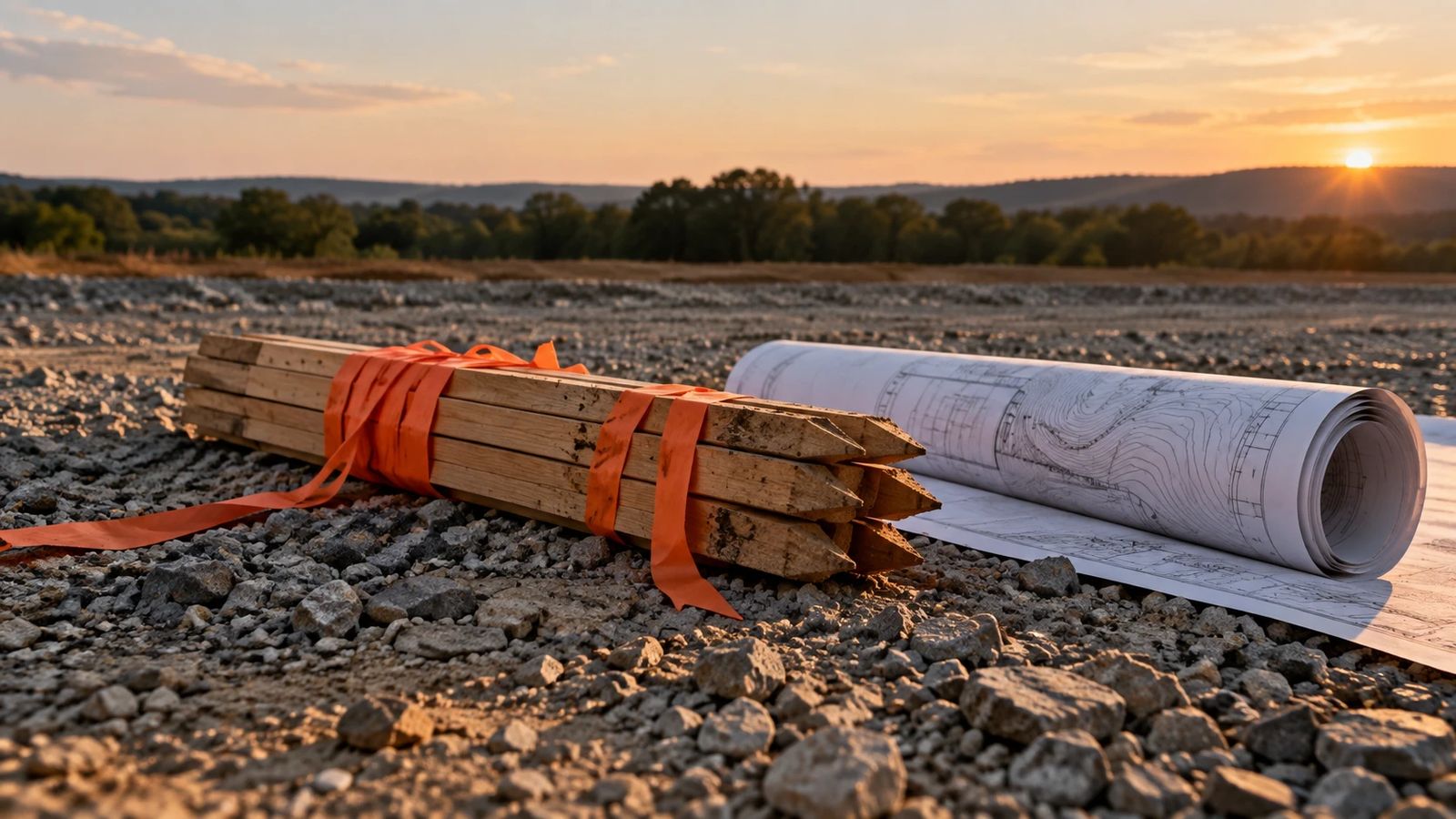 A bundle of unused surveyor's stakes with orange tape on gravel beside a rolled site plan