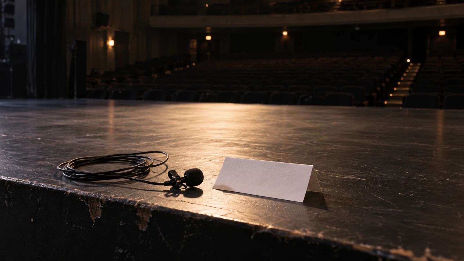 A coiled microphone and a folded card on the lip of an empty, dimly lit stage