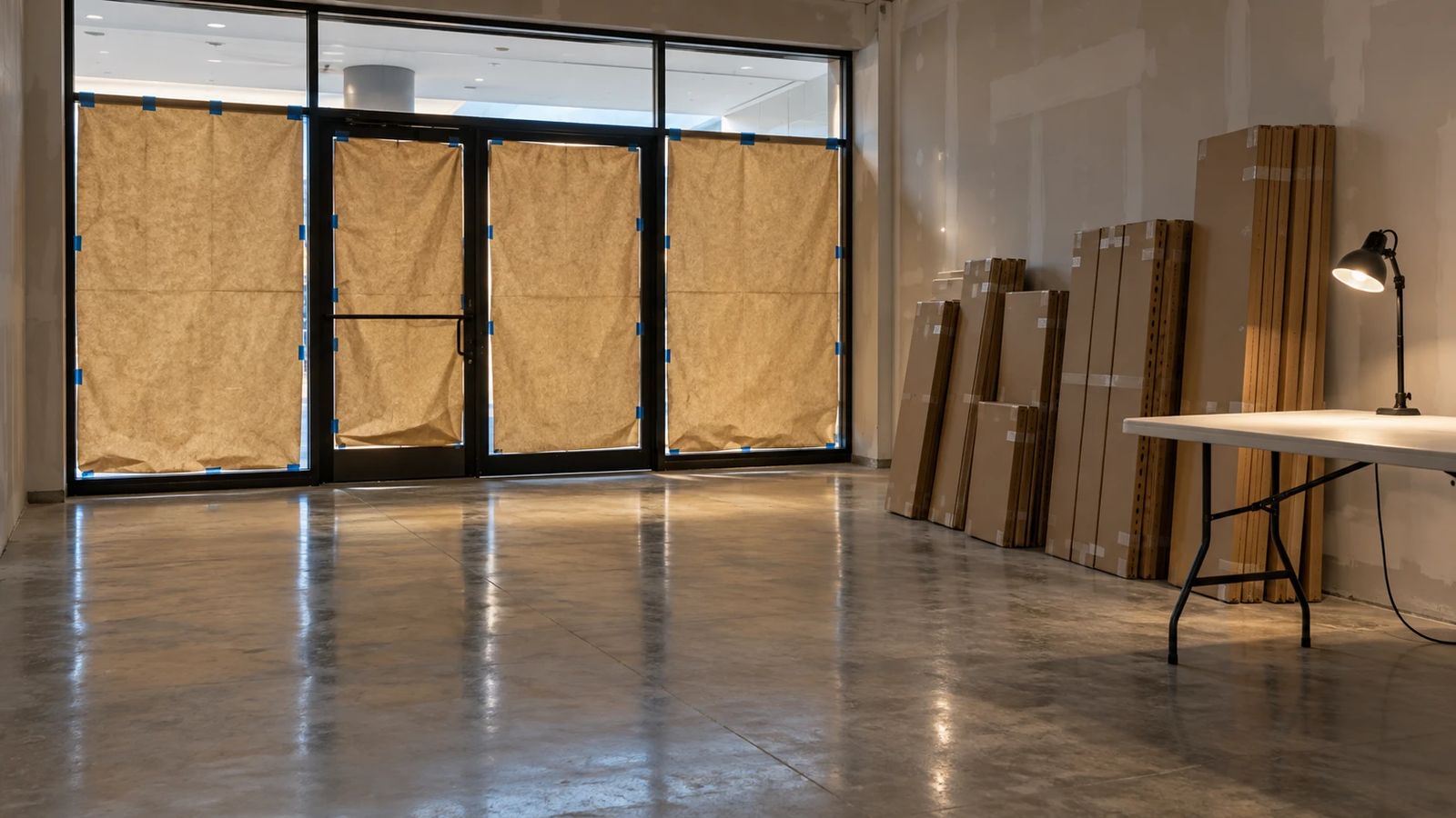 Brown paper taped inside an empty shop window, flat-packed shelving stacked beside a folding table