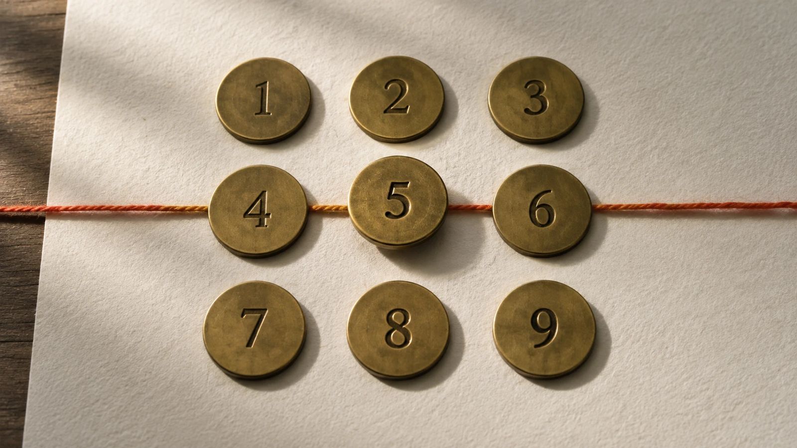 Nine brass tokens arranged in a grid on paper, one lifted out of its place