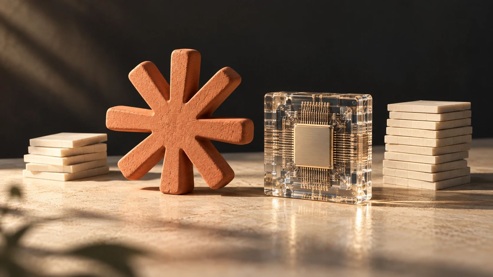 A terracotta asterisk sculpture beside a glass-cased computer chip, between two stacks of pale tiles