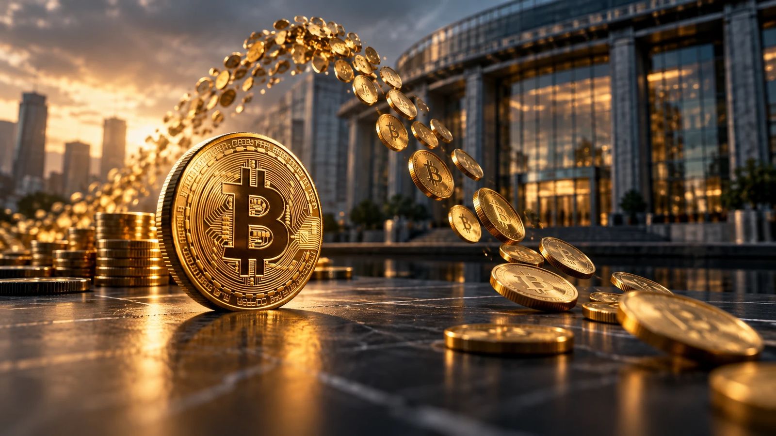 Gold coins marked with a B arc through the air toward a glass office building at sunset, one large coin upright