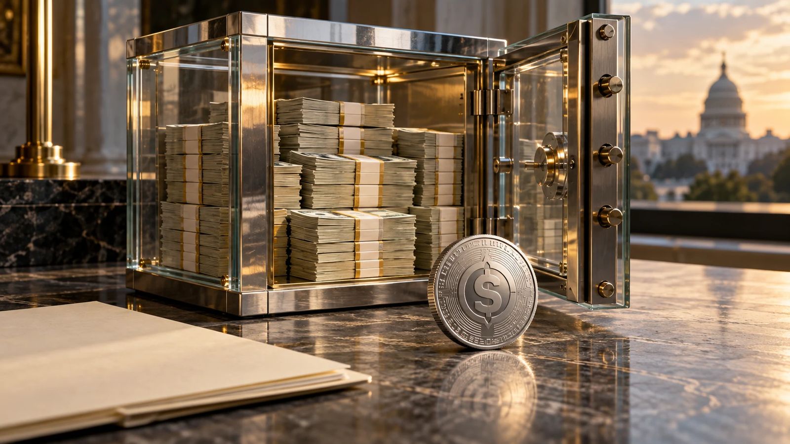 A glass safe holding bundled cash beside a silver coin with a dollar sign, the Capitol dome in the distance
