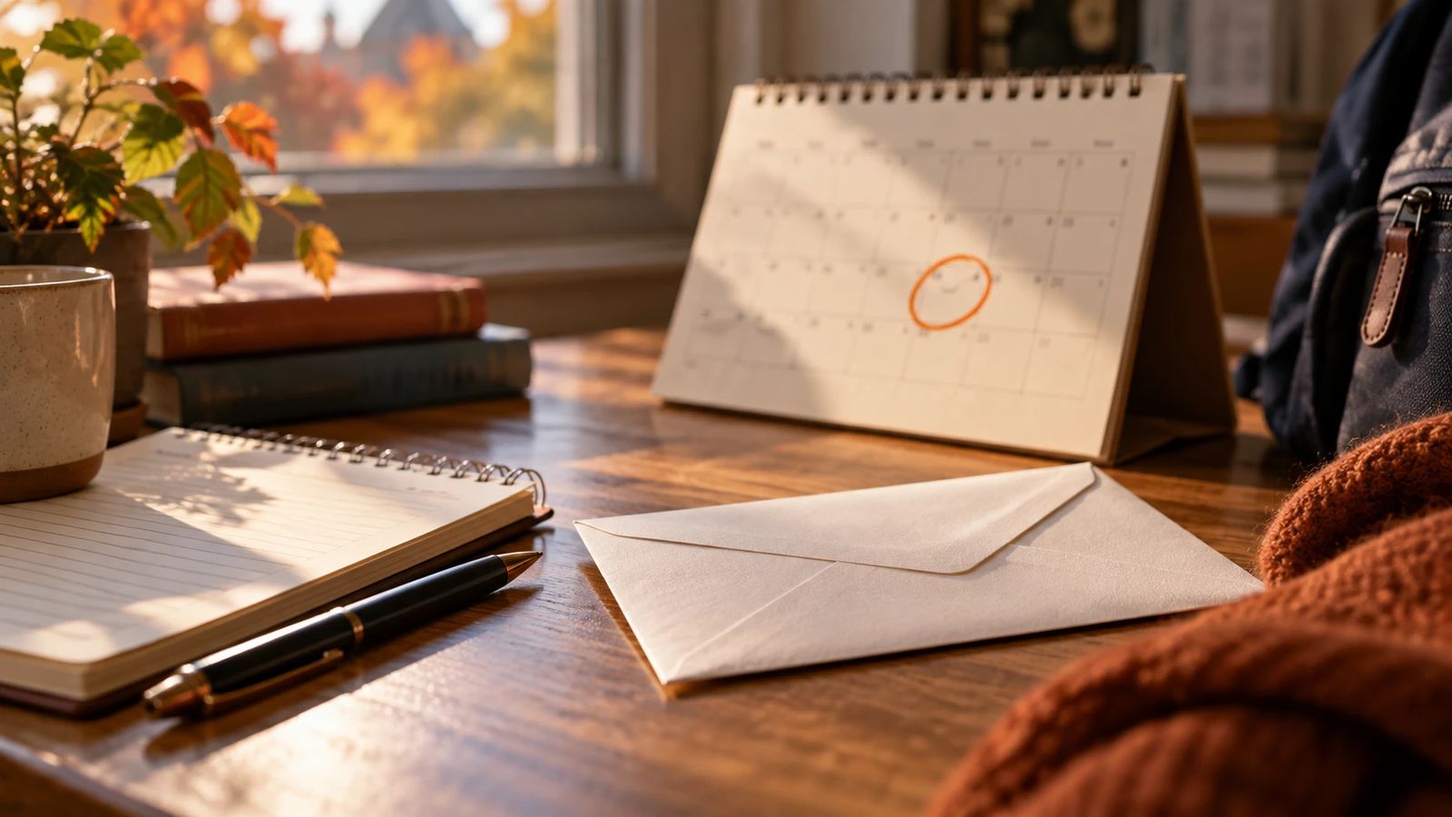 A desk calendar with one date circled in orange, beside a sealed envelope, a notebook and a pen