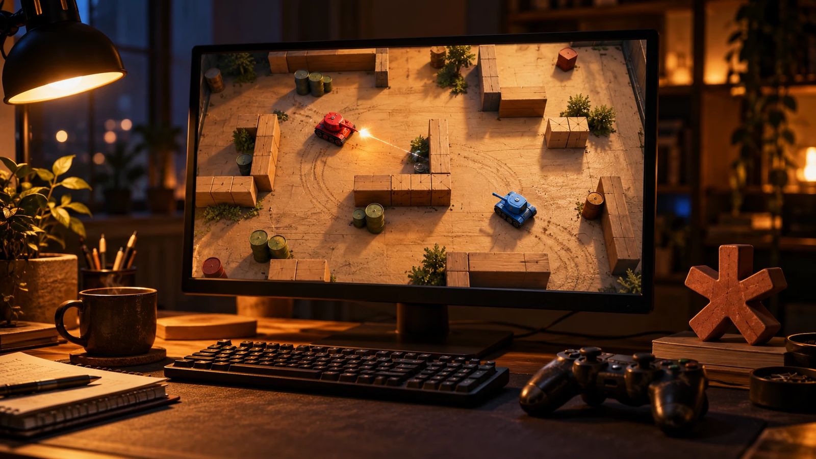 A monitor showing a top-down tank game, a red and a blue tank among wooden blocks, on a lamplit desk