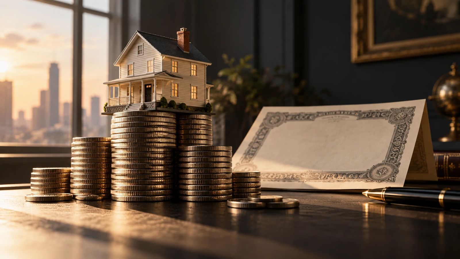 A miniature house on stacks of coins beside a blank engraved certificate and a fountain pen