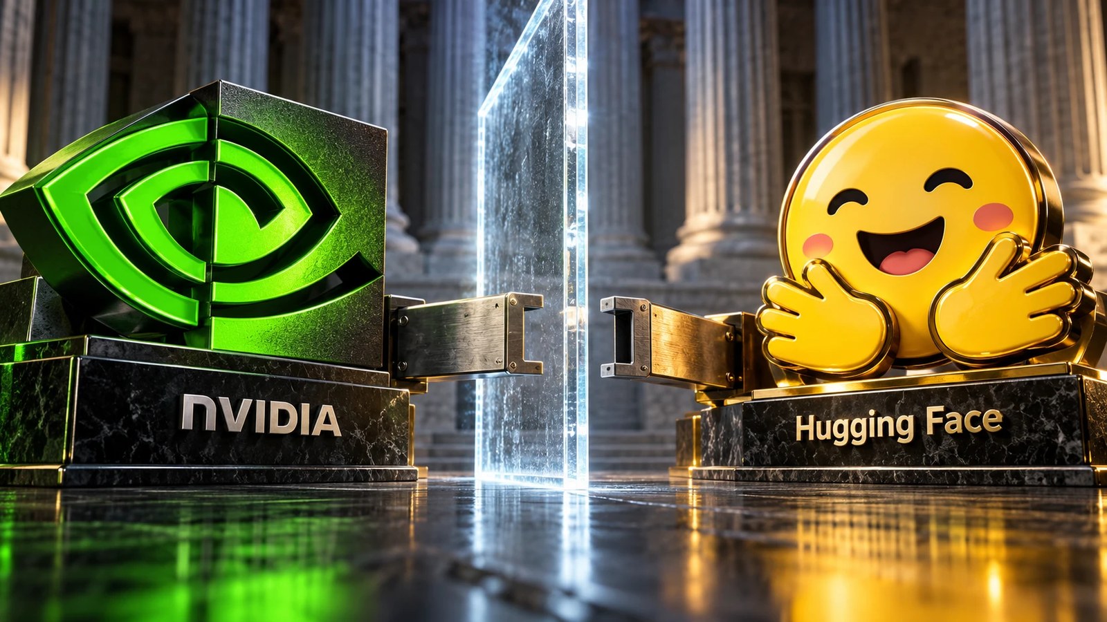 Statues of NVIDIA's and Hugging Face's logos reach toward each other, stopped by a glowing barrier between them